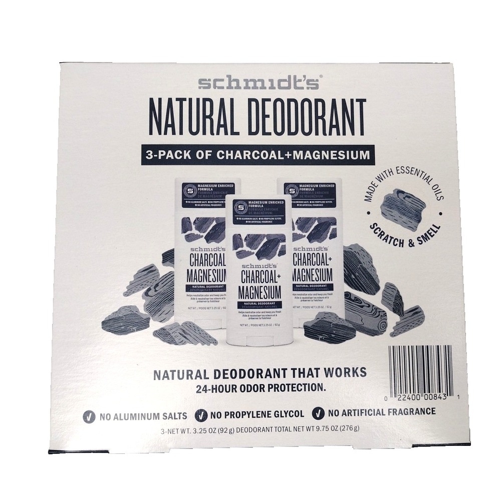 3-Pack of Schmidt's Natural Deodorant Charcoal +Magnesium 3.25 oz ~ NEW ~
